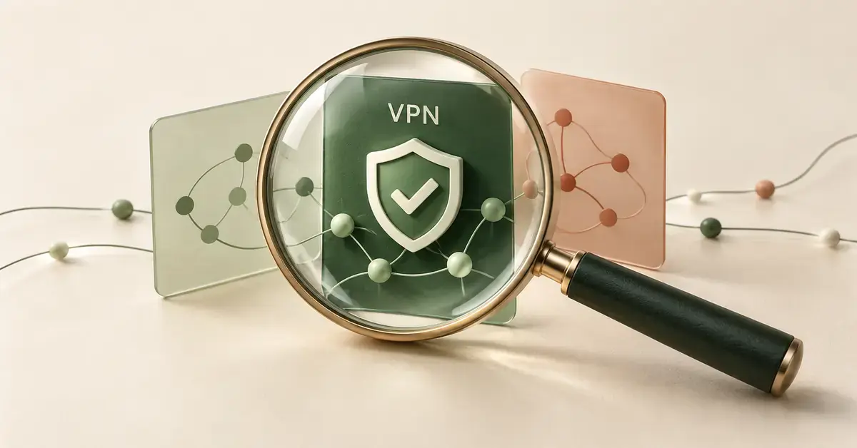 Suurennuslasi korostaa VPN-palvelua kuvaavaa kilpeä ja valintamerkkiä verkkoyhteyksien keskellä havainnollistaen turvallisen palvelun valintaa.